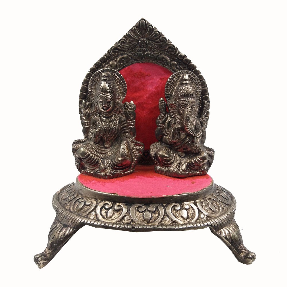 White Metal Ganesha with Lakshmi Idol L5.5" x W5.5" x H9"